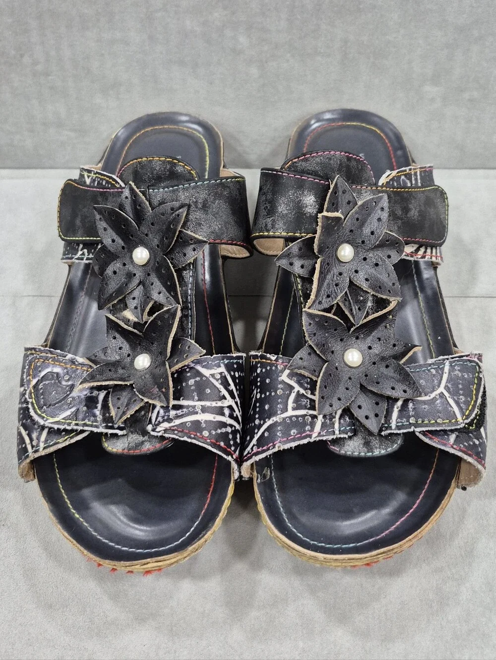 Spring Step Karina L' Artiste slide sandal women's 41 US 10 black flowers Boho